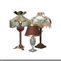 Classic Table Lamps Featuring Golden Fringed Red Fabric Floral Shades Red White Dark Twisted Bases