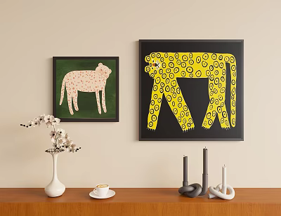 Abstract Leopard Paintings With Yellow Circular Patterns On Black Background For Home Decor 3d model