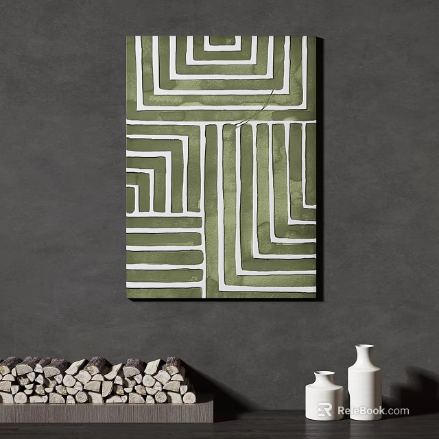 Green White Geometric Pattern Wall Art Hanging on Dark Wall with Firewood Stack and Vases 3d model