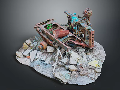 Abandoned Mechanical Structure With Rusted Parts Debris And Stone Fragments On Ruined Base 3d model