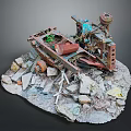 Abandoned Mechanical Structure With Rusted Parts Debris And Stone Fragments On Ruined Base