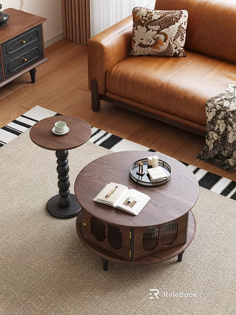 Round Wooden Coffee Table With Open Book Tray And Small Side Table By Leather Sofa 3d model 