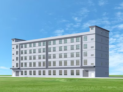 Multi Storey Industrial Factory Building Featuring Large Windows Gray Exterior Blue Sky Green Grass Background 3d model