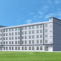 Multi Storey Industrial Factory Building Featuring Large Windows Gray Exterior Blue Sky Green Grass Background