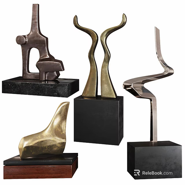 Modern Abstract Decorative Ornament Sculpture Set With Metallic Finish Black Bases And Various Curved Shapes 3d model 