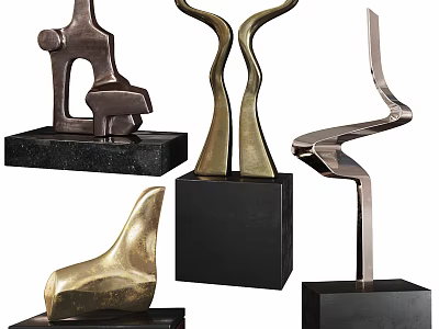 Modern Abstract Decorative Ornament Sculpture Set With Metallic Finish Black Bases And Various Curved Shapes 3d model