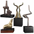 Modern Abstract Decorative Ornament Sculpture Set With Metallic Finish Black Bases And Various Curved Shapes