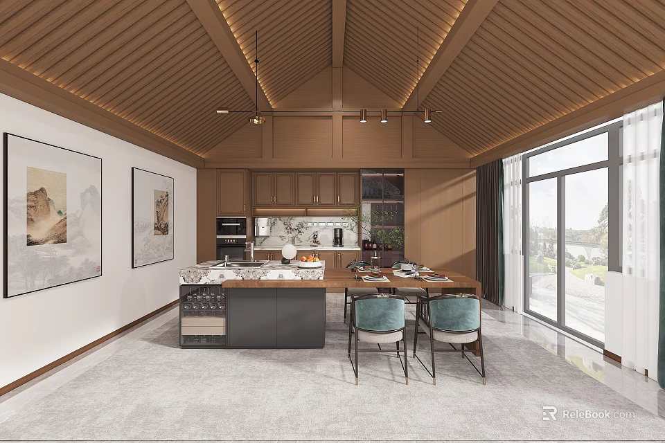 Modern Clubhouse Open Concept Kitchen Interior Design With Island Counter And Dining Area 3d model 