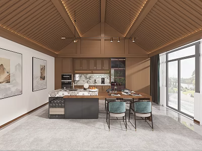 Modern Clubhouse Open Concept Kitchen Interior Design With Island Counter And Dining Area 3d model