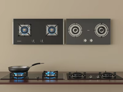 Modern Gas Stove with Control Panel Blue Flame Burners and Frying Pan 3d model