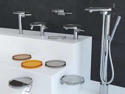 Modern Shower System With Chrome Components On White Display Stand And Dark Background 3d model