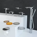 Modern Shower System With Chrome Components On White Display Stand And Dark Background 3d model