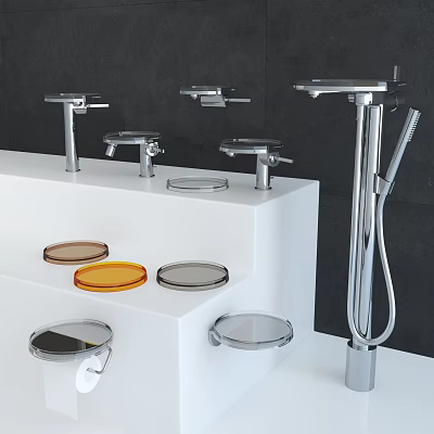 Modern Shower System With Chrome Components On White Display Stand And Dark Background 3d model