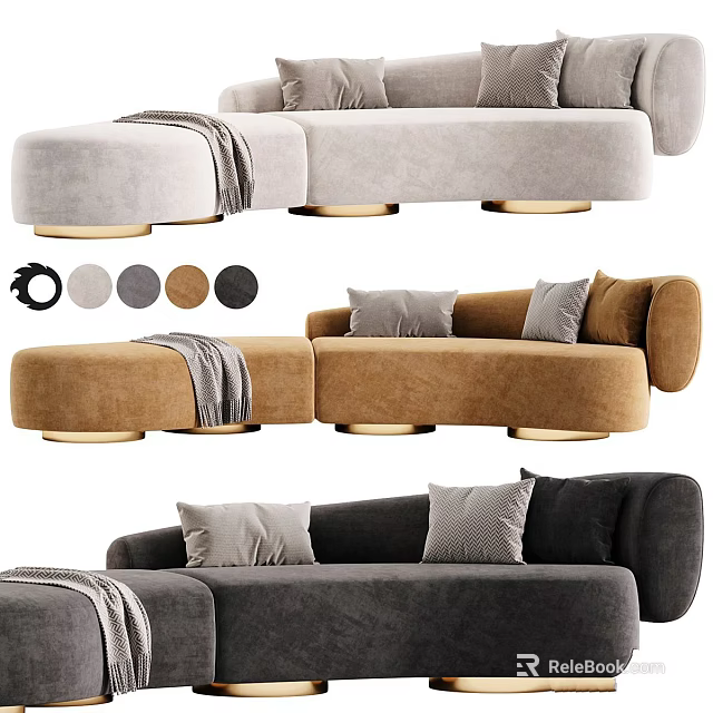 Modern Velvet Sofa Designs with Grey Brown Black Color Options and Gold Legs with Cushions 3d model 