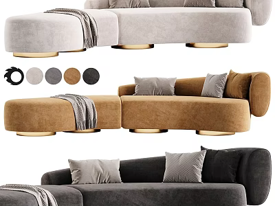 Modern Velvet Sofa Designs with Grey Brown Black Color Options and Gold Legs with Cushions 3d model