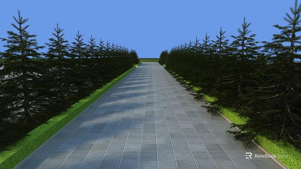 Arbor Lined Scenic Paved Walkway With Green Lawns And Blue Sky Background 3d model 