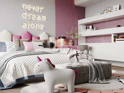 Modern Kids Bedroom With Purple Pink Walls Unicorn Toy And Neon Sign 3d model