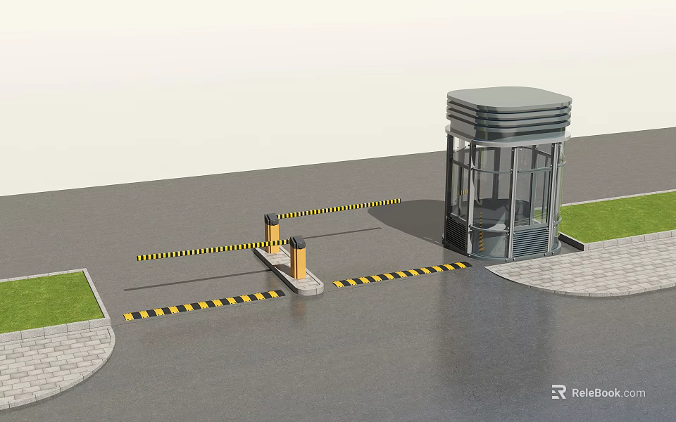 Parking Entrance Security Booth with Barrier Gate and Warning Stripes on Paved Road 3d model 