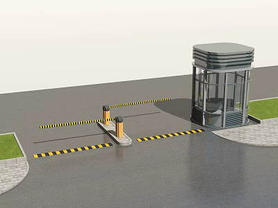 Parking Entrance Security Booth with Barrier Gate and Warning Stripes on Paved Road 3d model