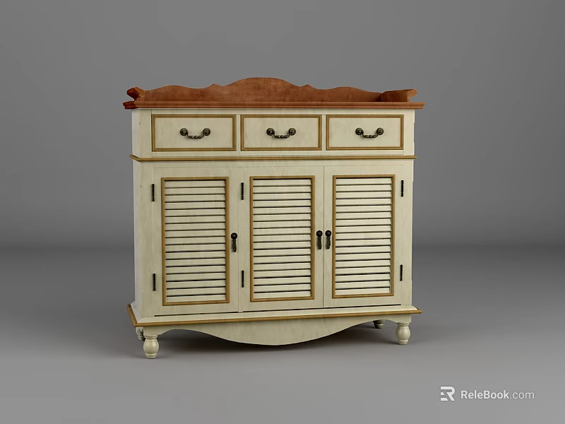 Elegant White Shoe Cabinet With Brown Wooden Top Three Drawers And Louvered Doors 3d model 