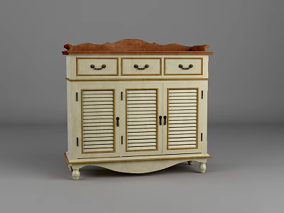 Elegant White Shoe Cabinet With Brown Wooden Top Three Drawers And Louvered Doors 3d model