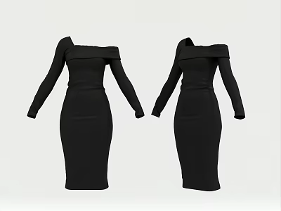 Elegant Black Off Shoulder Long Sleeve Fitted Dress Design For Women 3d model