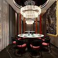 Modern Private Dining Room Interior With Round Table Chandelier And Red Chairs 3d model