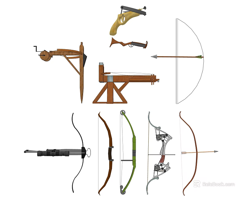 Different Traditional and Modern Weapons Such as Bows Crossbows and Pistols on 3d model 