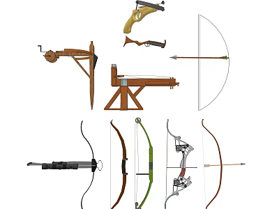 Different Traditional and Modern Weapons Such as Bows Crossbows and Pistols on 3d model