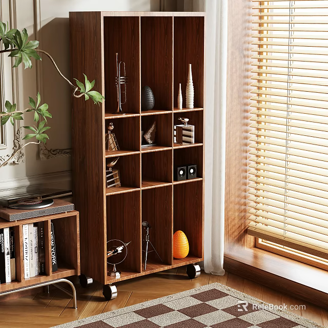 Wooden Bookcase With Multiple Shelves Decorative Items Green Plant And Natural Light 3d model 