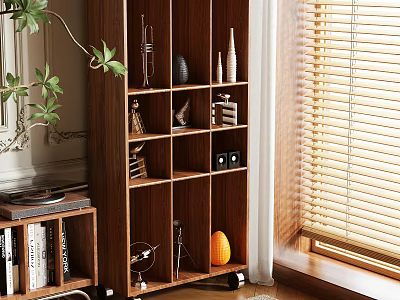 Wooden Bookcase With Multiple Shelves Decorative Items Green Plant And Natural Light 3d model