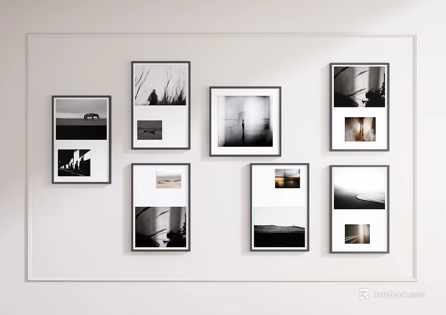 Stylish Photo Wall With Multiple Frames Featuring Black and White Landscape and Portrait 3d model 