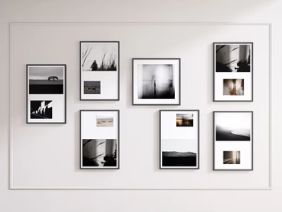 Stylish Photo Wall With Multiple Frames Featuring Black and White Landscape and Portrait 3d model