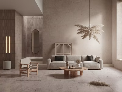 Minimalist Living Room Interior with Light Gray Sofa Wooden Coffee Table and Natural Pendant Light 3d model