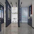 Modern Interior Space With Display Shelves Table Stools Colorful Wall Panels And Gray Flooring