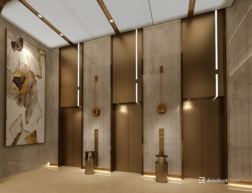 Modern Elevator Lobby Interior Design With Textured Stone Walls Bronze Doors And Ambient Lighting 3d model 