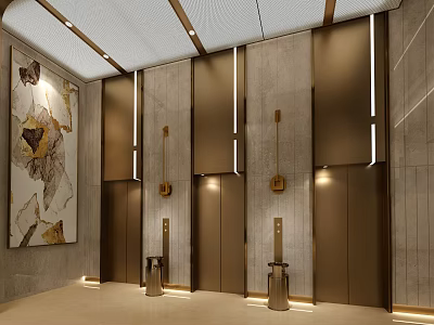 Modern Elevator Lobby Interior Design With Textured Stone Walls Bronze Doors And Ambient Lighting 3d model