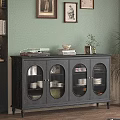 Elegant Dark Sideboard With Glass Doors And Decorative Items Including Books And Plant On Top