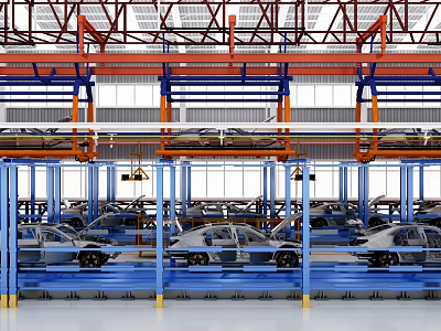 Automobile Manufacturing Plant With Car Assembly Line Moving Vehicles And Industrial Metal Frames 3d model