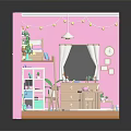 Pink Kids Bedroom Interior With Loft Bed Desk Chair Dresser Plants And String Lights