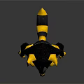 Cartoon Style 3D Animal Character Model With Black Yellow Body Red Eyes Standing Reflective Base