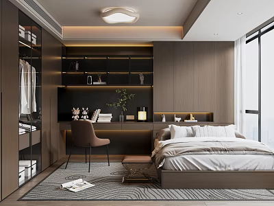 Modern Tatami Bedroom Interior With Wooden Desk Chair Built in Shelves And Large Window 3d model
