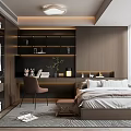 Modern Tatami Bedroom Interior With Wooden Desk Chair Built in Shelves And Large Window