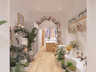 Elegant Florist Shop Interior With Flower Arch Green Plants And Bouquet Displays 3d model