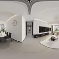 Modern Elegant Living Dining Room Interior With Open TV Wall Fireplace White Gray Cabinetry Shelves