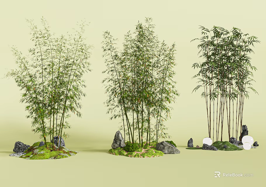 Lush Bamboo Clumps With Stones And Green Moss In Natural Setting 3d model 