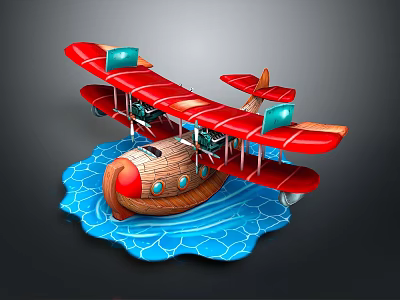 Vintage Red Biplane Model With Wooden Body Blue Windows And Blue Wave Base 3d model