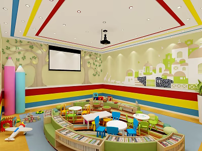 Colorful Kindergarten Interior With Projection Screen Bookshelves And Child Friendly Furniture 3d model