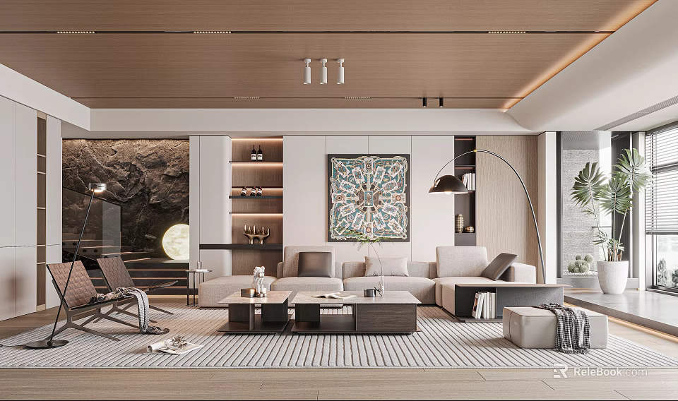 Modern Living Room Interior With Sofa Coffee Table Decorative Mural And Floor Lamp 3d model 