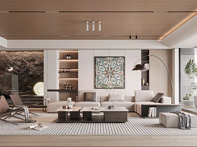 Modern Living Room Interior With Sofa Coffee Table Decorative Mural And Floor Lamp 3d model